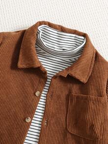 SHEIN 3 件套年轻男孩秋冬灯芯绒长袖衬衫、条纹长袖上衣、高领 T 恤和休闲裤套装，适合室内、户外、日常穿着、运动、玩耍、派对、拍照、假日、节日、狂欢