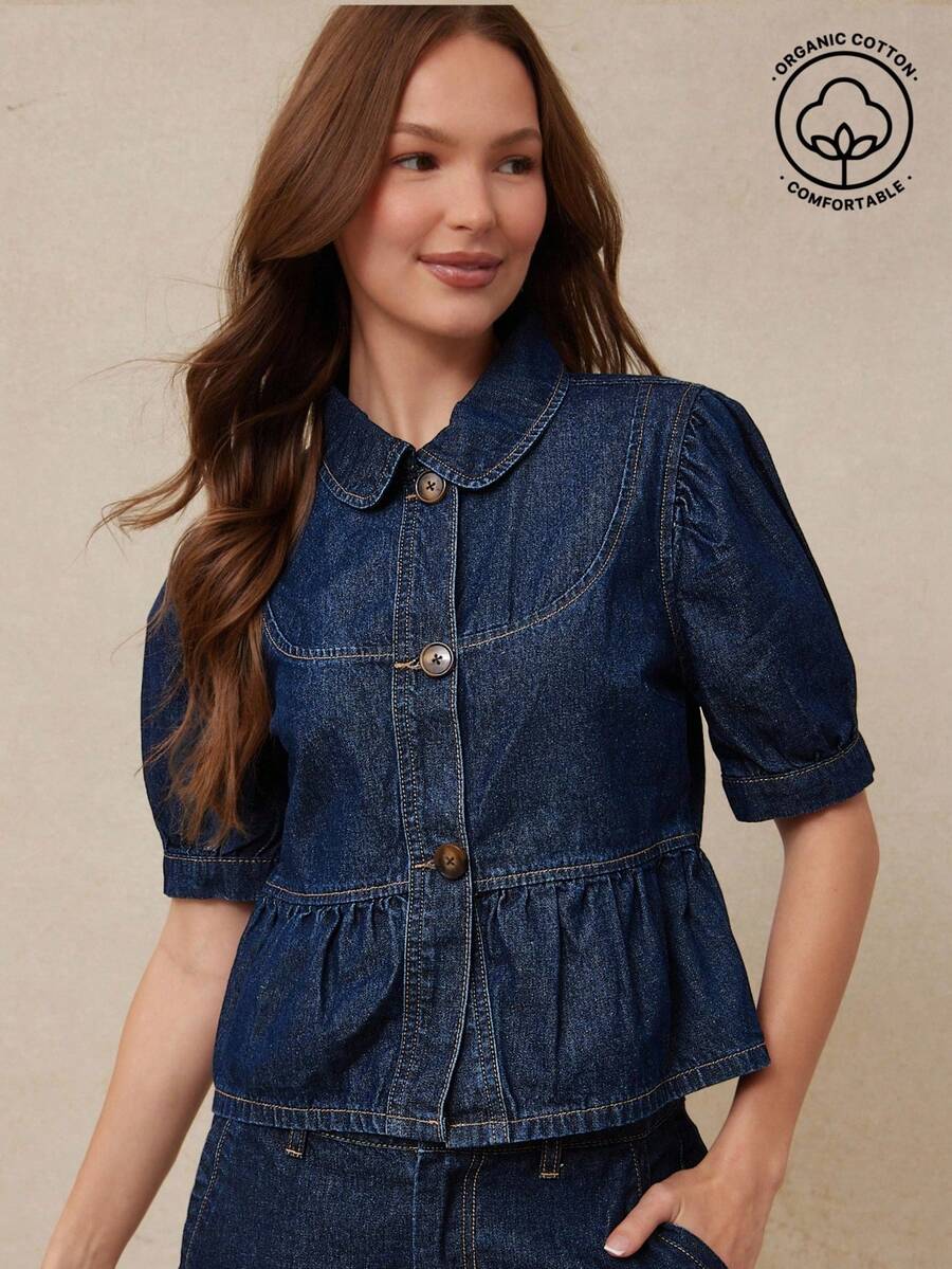 WESTFADE 前开襟纽扣短款泡泡袖荷叶边棉混纺牛仔上衣乡村西部夏季牛仔女郎纳什维尔音乐会 - 深色水洗藍 - 查看 1