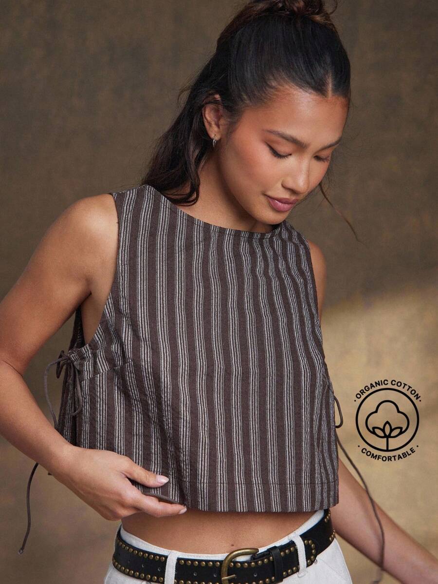 WESTFADE Round Neck Cute Bow Tie Sides Boxy Striped Crop Top Fall, Back To School, Autumn, Winter, Casual Cute Boho Tank Top, Western - Brown - View 1