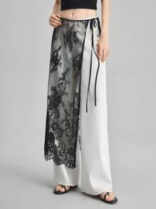 Ontre 2025秋季蕾丝女式侧系带罩裙，时尚简约设计，都市通勤商务休闲装，派对百搭休闲商务办公装，优雅都市通勤风，高品质机场时尚半身裙 - 黑色 - 查看 4