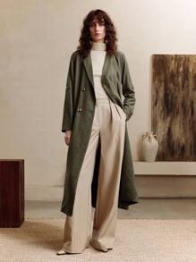 EMERY ROSE 女式 V 领系带腰部金属扣翻领优雅长袖超长连衣裙风衣外套 - 綠色 - 查看 5