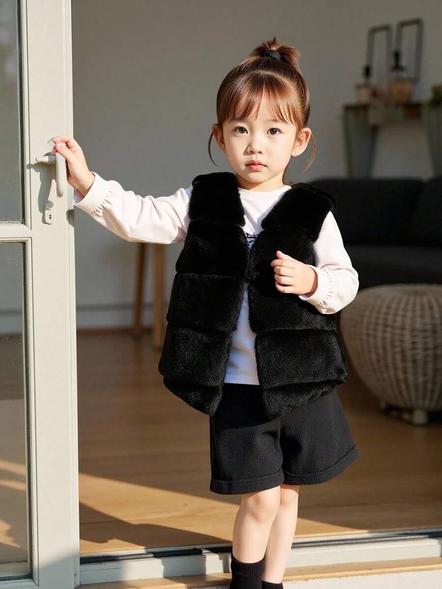 SHEIN Elladie kids 适合年轻女孩的人造毛皮无袖夹克，优雅 - 黑色 - 查看 1