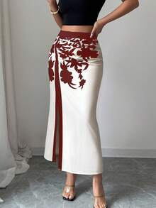 Elenzga Women's Vintage Floral Print Split Hem Summer Skirt Fall Cloth For Women