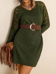 Freevana 大码女式纹理对比蕾丝插入长袖连衣裙女式毛衣连衣裙毛衣连衣裙橄榄色连衣裙绿色连衣裙秋季连衣裙女式冬装商务休闲女装女式秋装女式冬装女式办公室服装橄榄绿别致冬季商务 - 軍綠色 - 查看 6