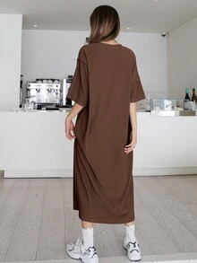 Đầm dài cổ tròn màu trơn dành cho nữ, kiểu dáng đường phố mùa hè. - màu nâu - Xem 2