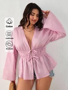 SHEIN Cottnline ملابس علوية نسائية كاجوال بوهيمية بيضاء برباط سحب وأكمام طويلة مقاس كبير مناسبة للبرانش والمناسبات الرسمية في فصل الخريف - وردي مغبر - مشاهدة 1