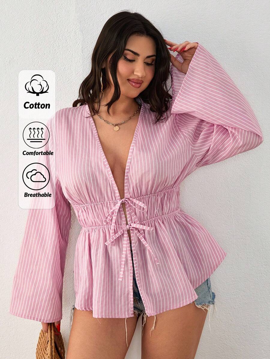 SHEIN Cottnline ملابس علوية نسائية كاجوال بوهيمية بيضاء برباط سحب وأكمام طويلة مقاس كبير مناسبة للبرانش والمناسبات الرسمية في فصل الخريف - وردي مغبر - مشاهدة 1