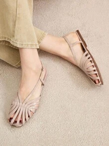 Rosivie 女士方头平底凉鞋，金色 PU 材质，时尚简约设计，适合日常和沙滩穿着 - 杏色 - 查看 6