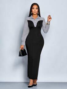 SOLERSUN Damen elegantes, lässiges Farbblock figurbetontes Langarm-Strickkleid mit Kragen, gestreiftes Patchwork-Strickkleid mit 2-in-1-Look, Winterkleidung für Frauen (zufälliges Blumenmuster) - Schwarz - Übersicht 5