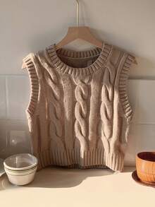 Comfortcana 大码复古时尚纯色圆领休闲简约针织背心，秋季叠穿单品 - 卡其色 - 查看 6