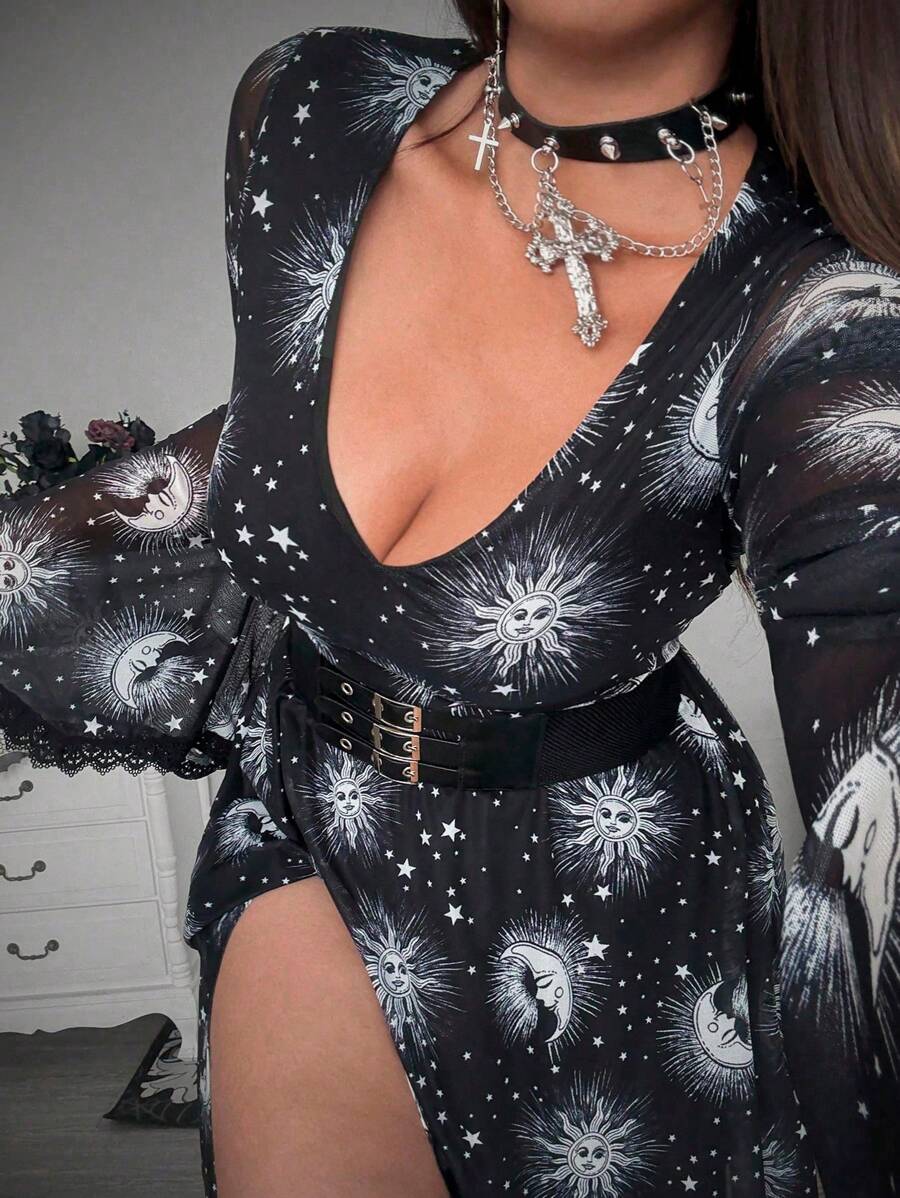 Whyspr Grunge Punk Plus Size Women Dress,Black And White Fitted A-Line Flounced Asymmetric Sleeve Printed Fairy Elegant Night Out Club Autumn Halloween - Multicolor - View 1