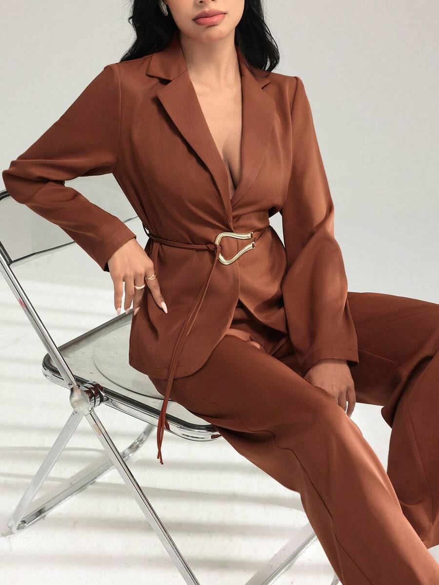 Modelyn U-Shaped Metal Ring Collar Women's Mottled Long Sleeve Jacket And Pants Suit Set Fall Cloth For Women