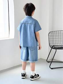 Denimly Boys' Versatile Casual Outdoor Street-Style Denim Set: Washed Denim Shirt With Collar, Elastic Waist Zipper Short Pants - Distressed Ripped Denim Look