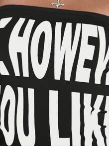 ROMWE Street Life Kpop加州性感女孩粉色字母印花迷你连衣裙 - 黑色 - 查看 3