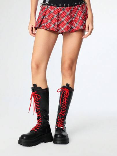 Goth Women's Knee-High Boots Fashionable Lace-Up Thick-Soled Chunky Heel Women's Boots