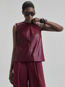 Ontre 都市时尚风格，极简舒适，酒红色，圆领，无袖，休闲装，宽松版型，女士商务休闲通勤上衣，2025 年新款 - 酒紅色 - 查看 4