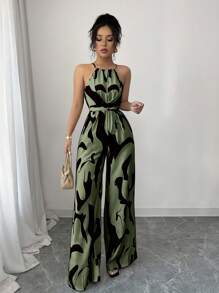 Elenzga 女士印花面料束腰连体裤，优雅度假和日常穿着 - 軍綠色 - 查看 3