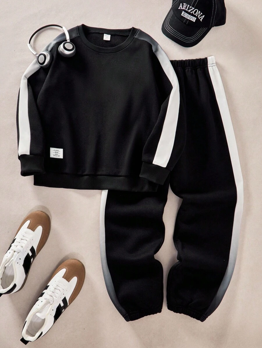 2件套男童休闲渐变印花宽松卫衣和运动裤套装 - 黑色 - 查看 1