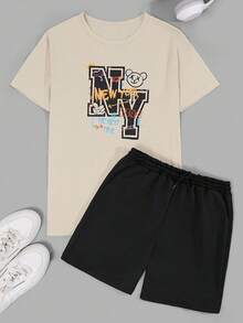 RueChic Men Drawstring Waist Pocket Letter Printed Regular Short Sleeve T-Shirt & Short Set - Beige - View 2