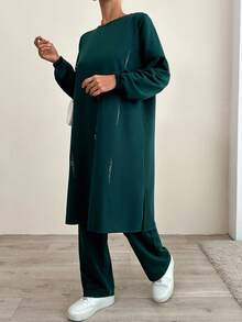 RueChic 100% Cotton Comfortable And Chic Long Sleeve Rhinestone Printed Long Blouse & Pants Jersey Set - Green - View 4