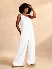 Slaydiva 夏季新款女士休闲百搭宽松绿色纹理面料无袖连体裤，适合日常穿着、度假、巡游、海滩、日光浴 - 白色 - 查看 3