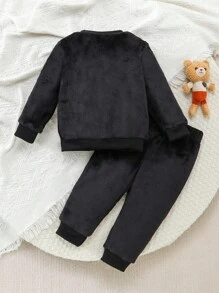 2件套可爱男婴毛绒圆领长袖上衣和裤子套装 - 黑色 - 查看 2