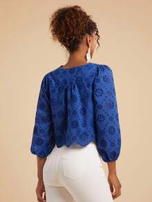 Travachic Blusa azul de mujer con mangas farol, cuello con lazo y bordado, blusa azul real con ojales, top corto azul con lazo delantero, blusa azul con lazo delantero, otoño e invierno para mujer, estilo casual, otoño para mujer, elegante, salida, elegante, estilo campestre para mujer, Día Nacional, Año Nuevo, elegante y lujosa para graduación