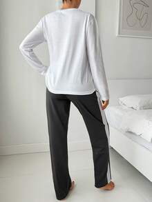 EURMUSE 2 Pcs Cotton Contrast Colour V Neck & Slogan Detail Lounge Set - White - View 2