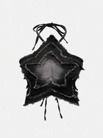 Grunge Punk Blusa de tela vaquera con cuello de corbata, diseño de estrella de cinco puntas desgastada y bajo deshilachado, talla grande y sexy