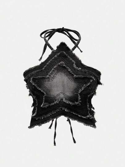 Grunge Punk Plus Size Sexy Tie Neck Vintage Washed Five-Pointed Star Frayed Hem Denim Top