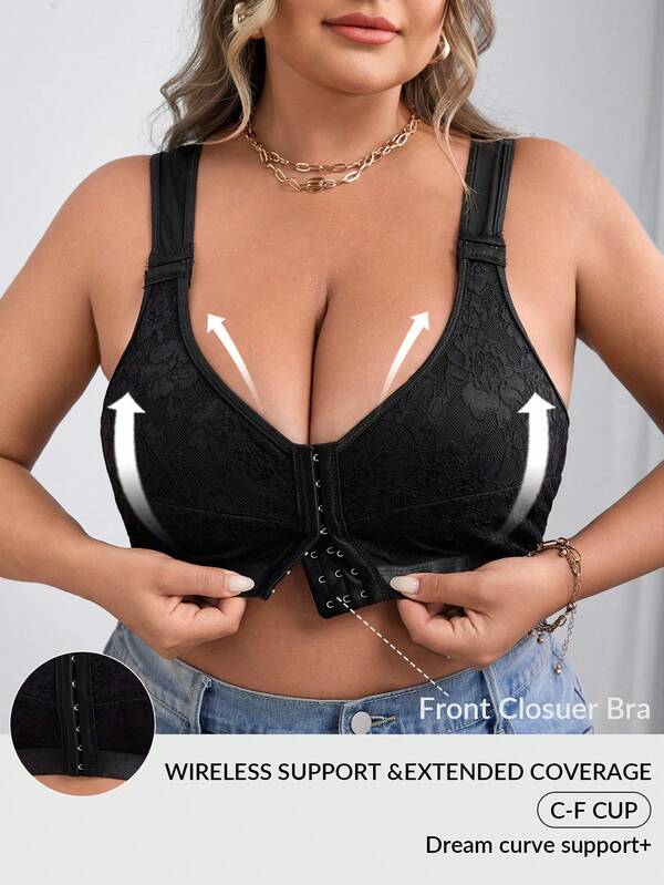 SHEIN CURVE+ Plus Size Women Front Button Lace Patchwork Comfortable Bra Camisole/Autumn /Winter Halloween