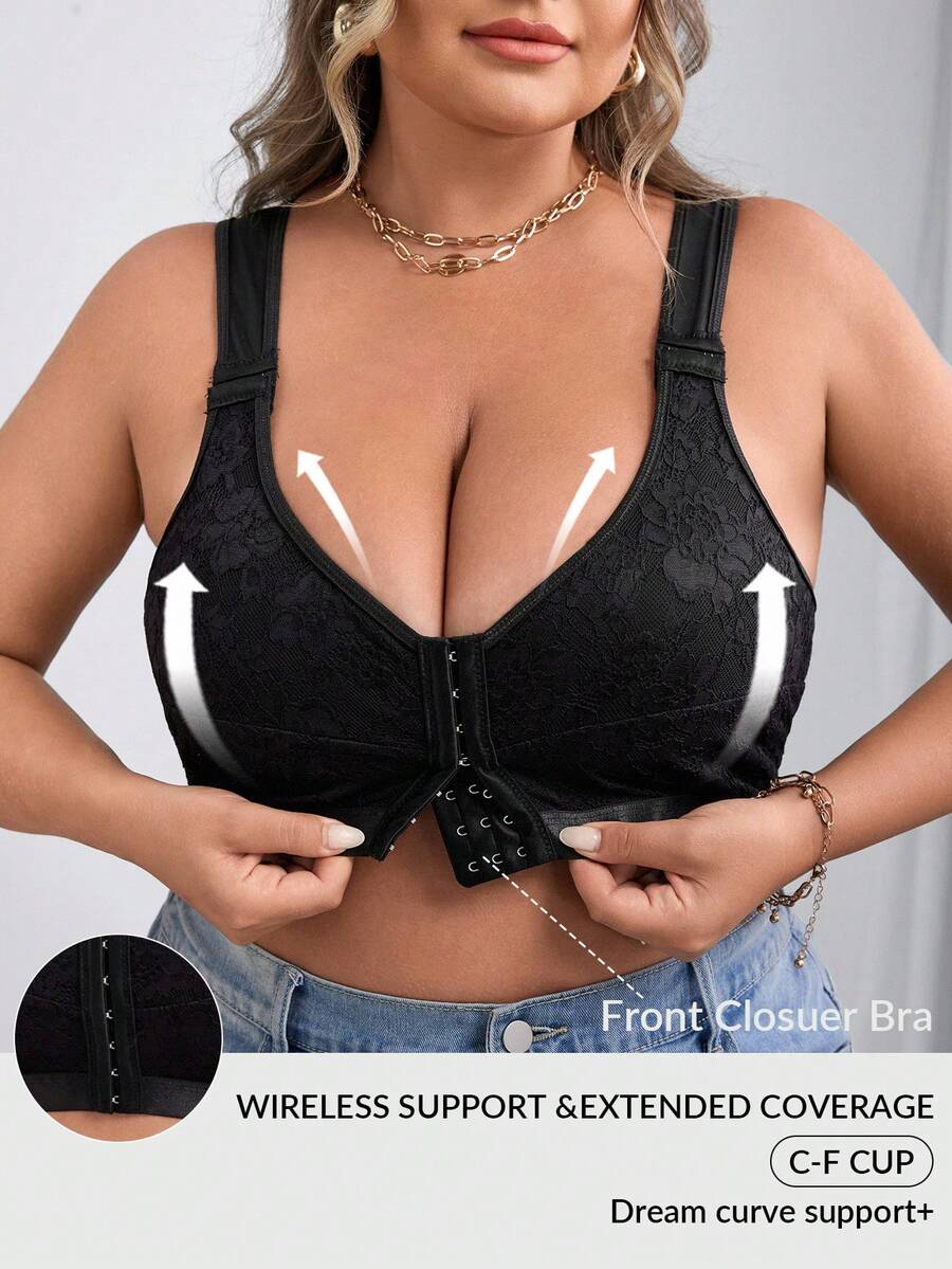 SHEIN CURVE+ Plus Size Women Front Button Lace Patchwork Comfortable Bra Camisole/Autumn /Winter Halloween