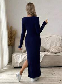 SHEIN 女式V领罗纹中长款孕妇及哺乳连衣裙（侧开衩） - 藍色 - 查看 7