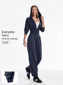GLOWMODE 24" Everyday Terry Off-Duty Ribbed Waist Hem Zip-Up Hoodie Jumpsuit Bodysuit With Side Pockets Daily Casual Wear Fall Winter - Iron Gray - View 1