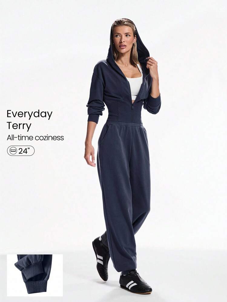 24" Everyday Terry Off-Duty Ribbed Waist Hem Zip-Up Hoodie Jumpsuit Bodysuit With Side Pockets Daily Casual Wear  Spring Summer