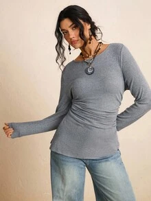 SHEIN LUNE Plus Size Women's Round Neck Ruched Slit Fitted T-Shirt  Work/Office Fall/Winter Clothes Grey Chic Going Out  Elegant