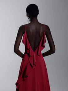 Elitara 优雅的荷叶边肩带伴娘礼服，红色 - 紅色 - 查看 3