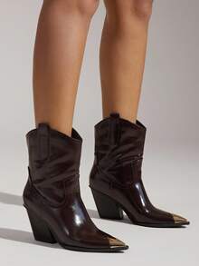 SHUZIA Botines de tacón de bloque con puntera puntiaguda y adornos de mujer - Marrón Chocolate - Ver 5