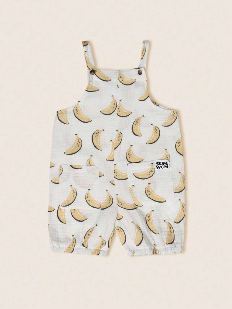 White T-Shirt With Banana Print Dungaree Set