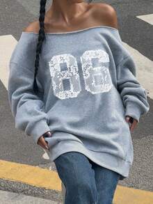 Attitoon Casual Vintage Style White Lace-Like Pattern, Numeric 86 Placement Print, Sexy Off-Shoulder Loose Fit Long Sleeve Sweatshirt For Women, Suitable For Fall/Winter, Vintage, Sexy, Cute, Y2K, Bohemian, Hippie, Music Festival, Punk, Y2K, Sexy Girl - Light Grey - View 4