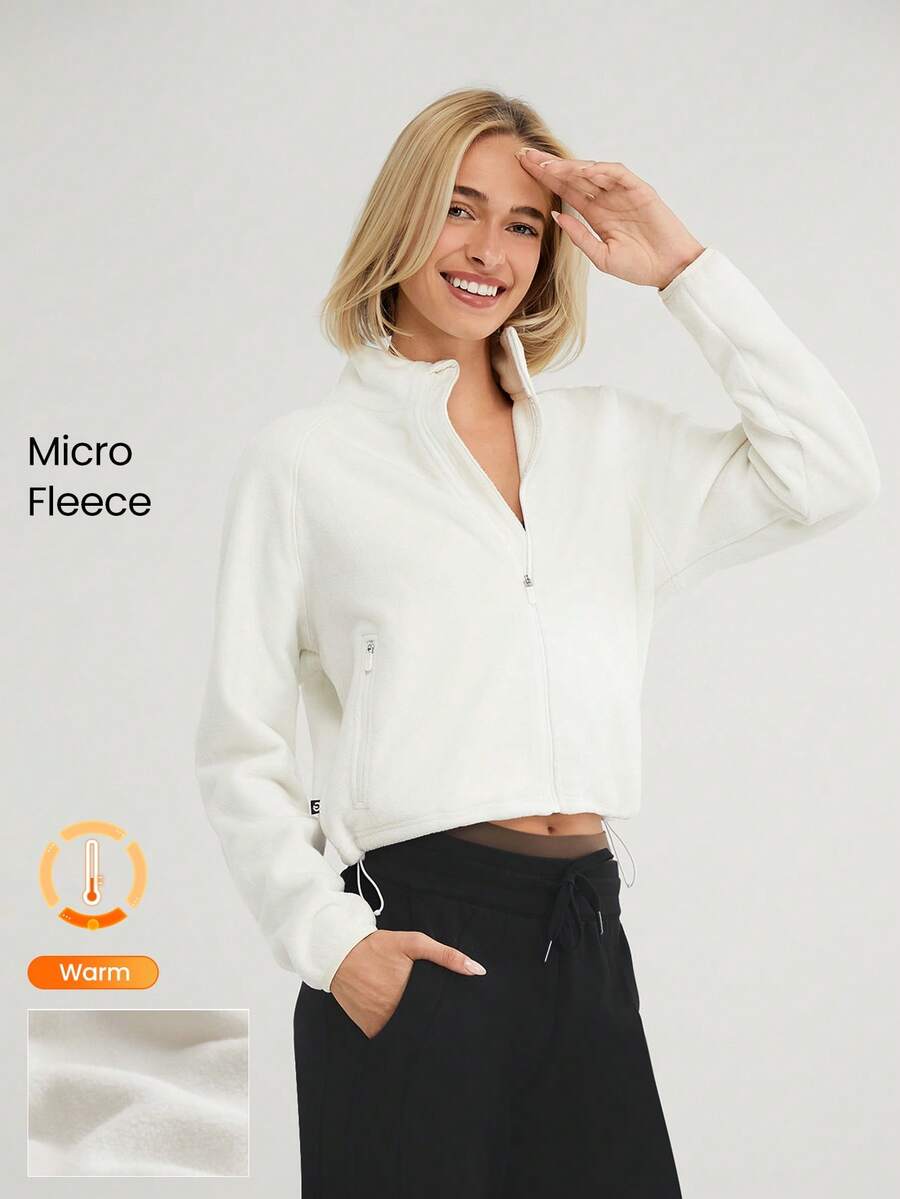 GLOWMODE Thin Polar Fleece Loose-Fit Cropped Drawstring Long Sleeve Jacket - Beige - View 1