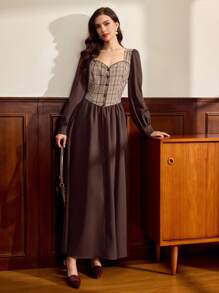 Vintamour Vintage Classic Elegant College Style Women's Dress, Fitted Plaid Patchwork Dress, Mixed Fabric Patchwork Dress, Coffee Brown Long Sleeve Dress, Flared Hem Dress, Autumn/Winter Autumn Clothes Winter Clothes For Women Brown Dress Plaid Dress - Coffee Brown - View 5