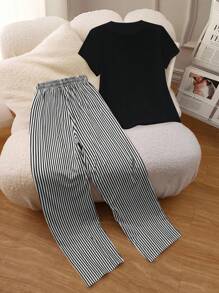 INAWLY 女式抽绳 T 恤和条纹短裤，黑白马标志 2 件套 - 黑色 - 查看 2