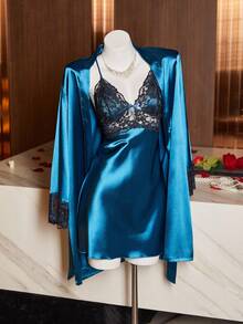 SHEIN SilkySpell 女士性感深V吊带睡裙两件套及优雅缎面腰带睡袍睡衣套装，四季皆宜，可作外穿缎面睡衣套装、内衣睡袍套装、缎面睡裙两件套，秋冬舒适优雅细节 - 水鴨藍 - 查看 8