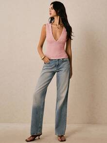 Poéselle Áo thun ôm sát cổ chữ V màu trơn đơn giản dành cho nữ - Hồng - Xem 3