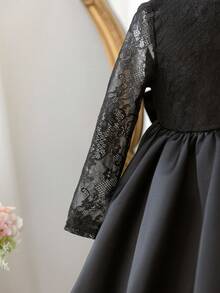 年轻女孩优雅可爱黑色缎面网眼长袖蝴蝶结连衣裙 - 黑色 - 查看 7