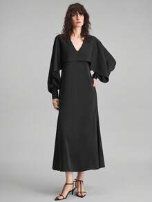 Ontre Hàng mới về năm 2025, Thu/Đông, Phong cách đô thị hiện đại, Đầm dài nữ, Màu đen, Vải dệt mềm, Cinched eo, Dáng rộng, Cổ chữ V, Thường ngày công sở, Đi làm, Trang phục hàng ngày, Xẻ tà, Sang trọng đô thị, Tối giản thanh lịch - màu đen - Xem 5