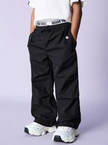 SHEIN Young Boy Casual Korean Letter Elastic Waist Loose Solid Color Woven Pants, Suitable For School, Garden, Beach, Birthday Party, Spring, Summer, Autumn, Winter - Black - View 5