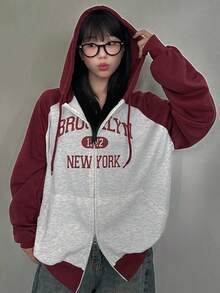 DAZY Women's Color Block Letter Reversible Zipper Hoodie Sweatshirt Fall/Winter