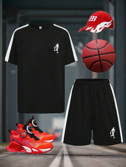 SHEIN Set de 2 piezas de camiseta de cuello redondo de manga corta con estampado de bloques de color contrastante y pantalones cortos de cintura elástica para niño, cómodo, de moda, versátil, suave, adecuado para primavera, verano, uso diario, juegos al aire libre, escuela, estilo callejero, fiesta y ocio